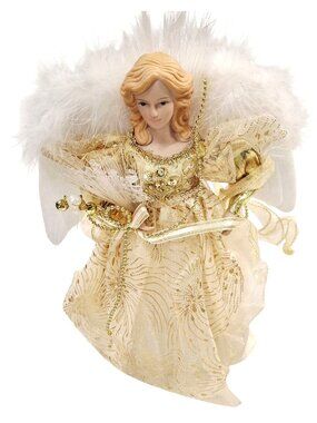 Gold & White Angel Tree Topper With Lights Feathered Wings & Elegant Gown - 120V